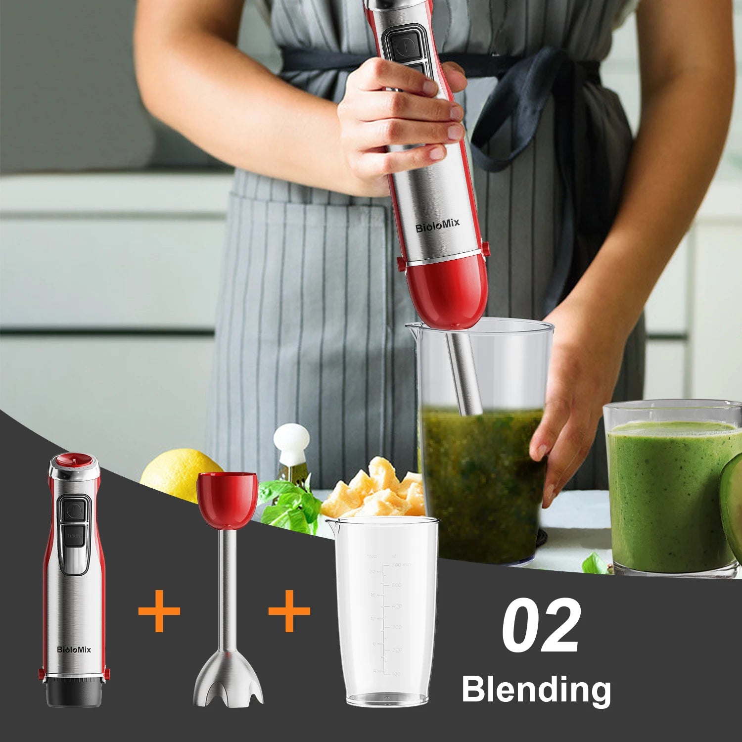 BioloMix 4-in-1 Hand Stick Blender 1200W Stainless Steel Immersion Mixer Chopper Smoothie Cup Ice Blades for Baby Food